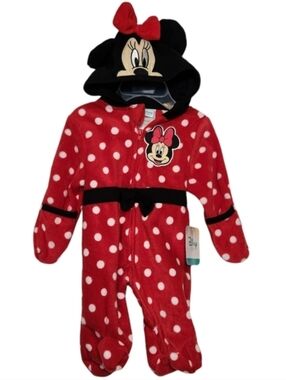 NEW Disney Minnie Mouse Hooded Footie Pajamas 0-3M Polka Dot Zip Fleece